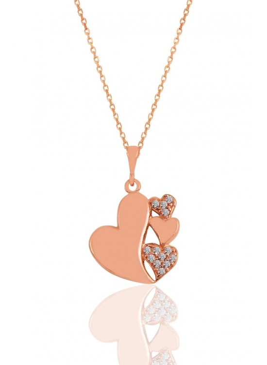 Sterling Silver Rose Zircon Stone Merging Hearts Necklace