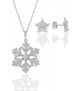 Silver Rhodium and Zircon Stone Snowflake Necklace and Earring Set