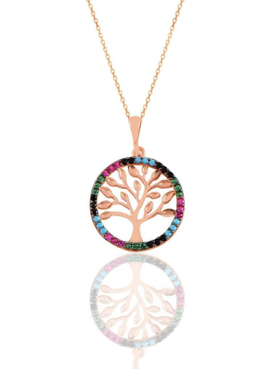 Sterling Silver Rose Frame Tree of Life Necklace with Colorful Stones