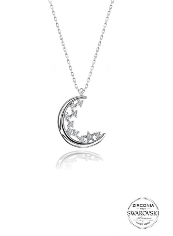 Sterling Silver Diamond Model Moon Necklace with Swarovski Stones